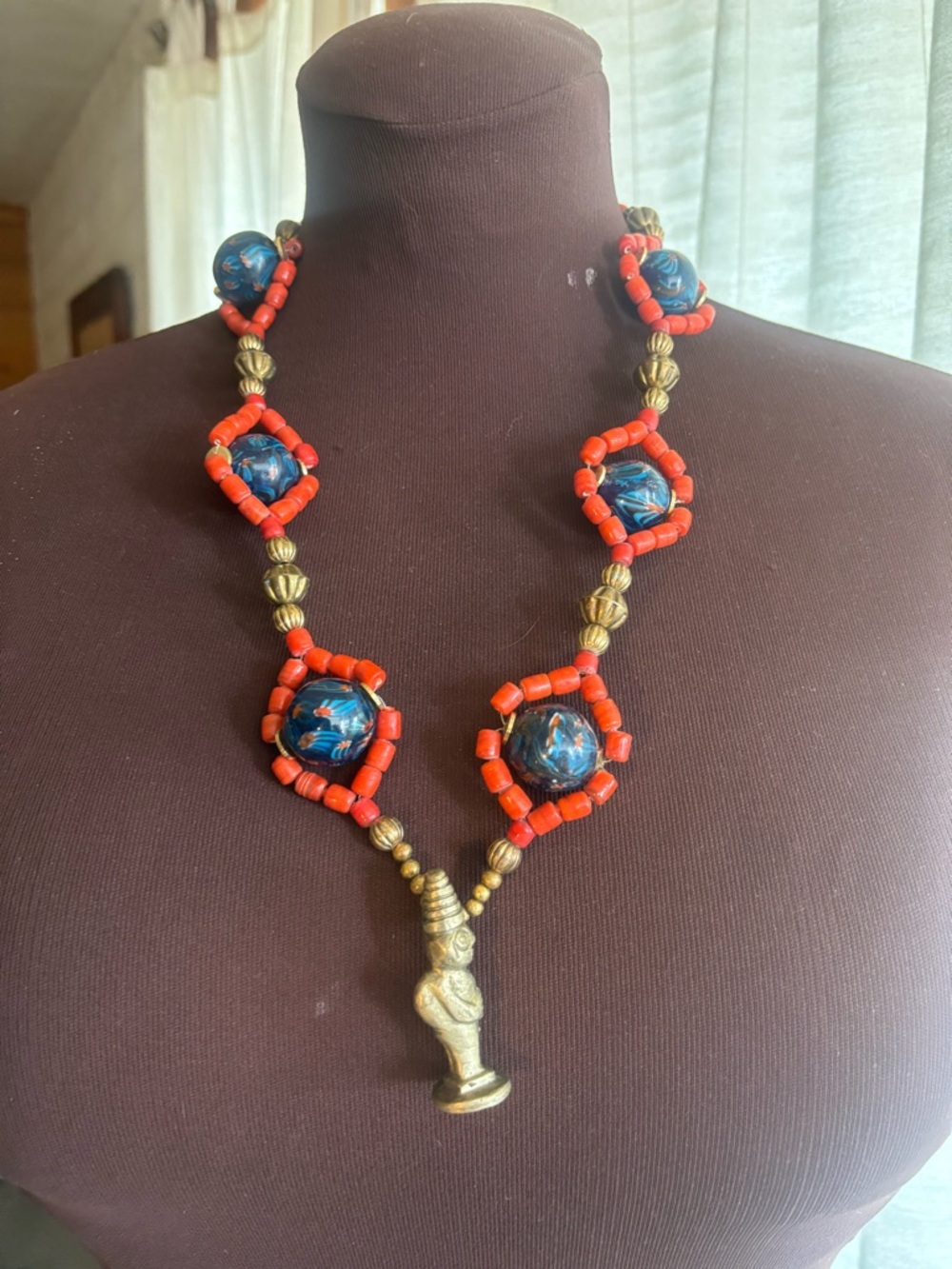 Tibetan Coral Beaded Necklace with Amulet-Vintage